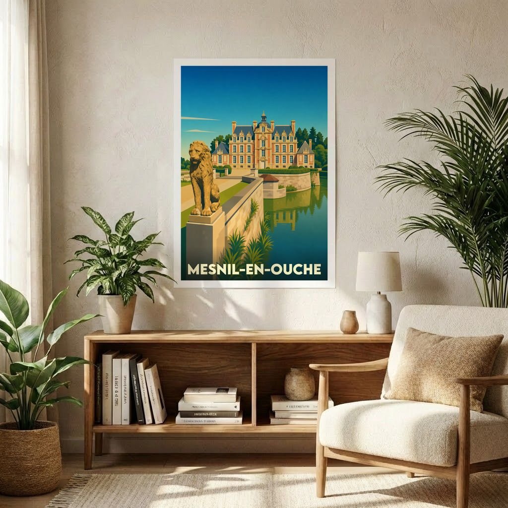 Affiche souvenir de la ville de Mesnil-en-Ouche avec une illustration stylisée d'un château et d'une statue de lion.