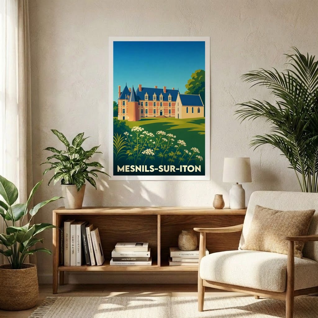 Affiche souvenir de la ville de Mesnils-sur-Iton avec une illustration stylisée de son patrimoine.