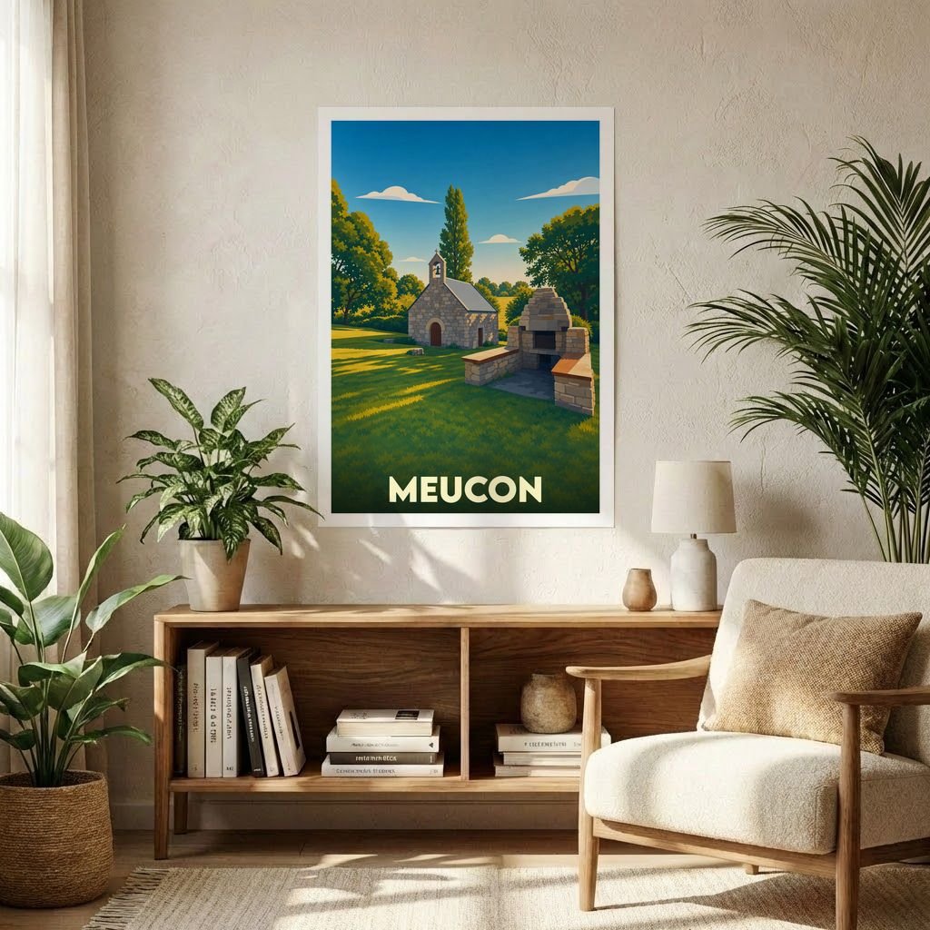 Affiche souvenir de la ville de Meucon représentant sa chapelle et son patrimoine dans un style illustré épuré.