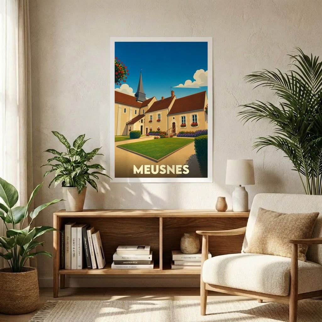 Affiche souvenir de la ville de Meusnes avec une illustration stylisée de ses bâtiments traditionnels.