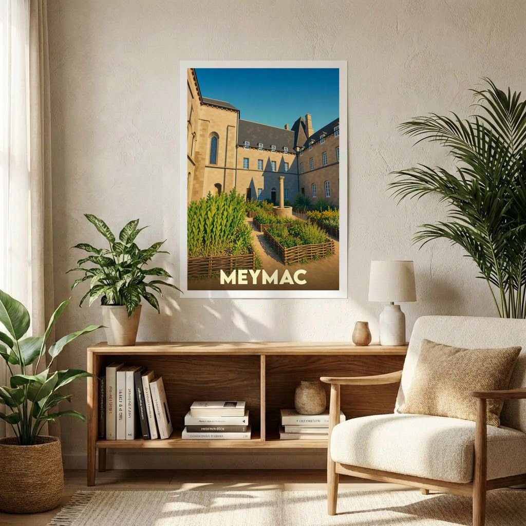 Affiche souvenir de la ville de Meymac illustrant le jardin intérieur de son abbaye dans un style vintage.