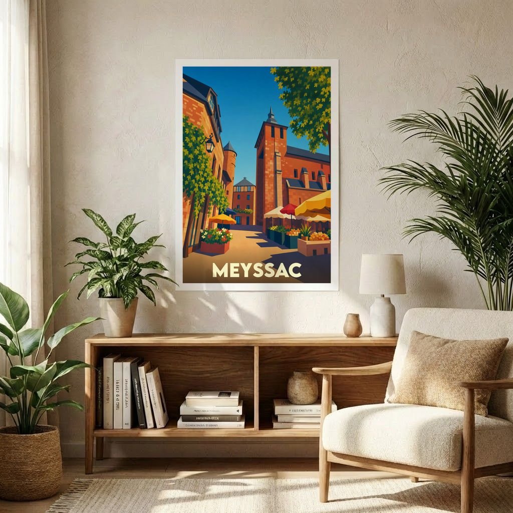Affiche souvenir de la ville de Meyssac avec une illustration stylisée et colorée.