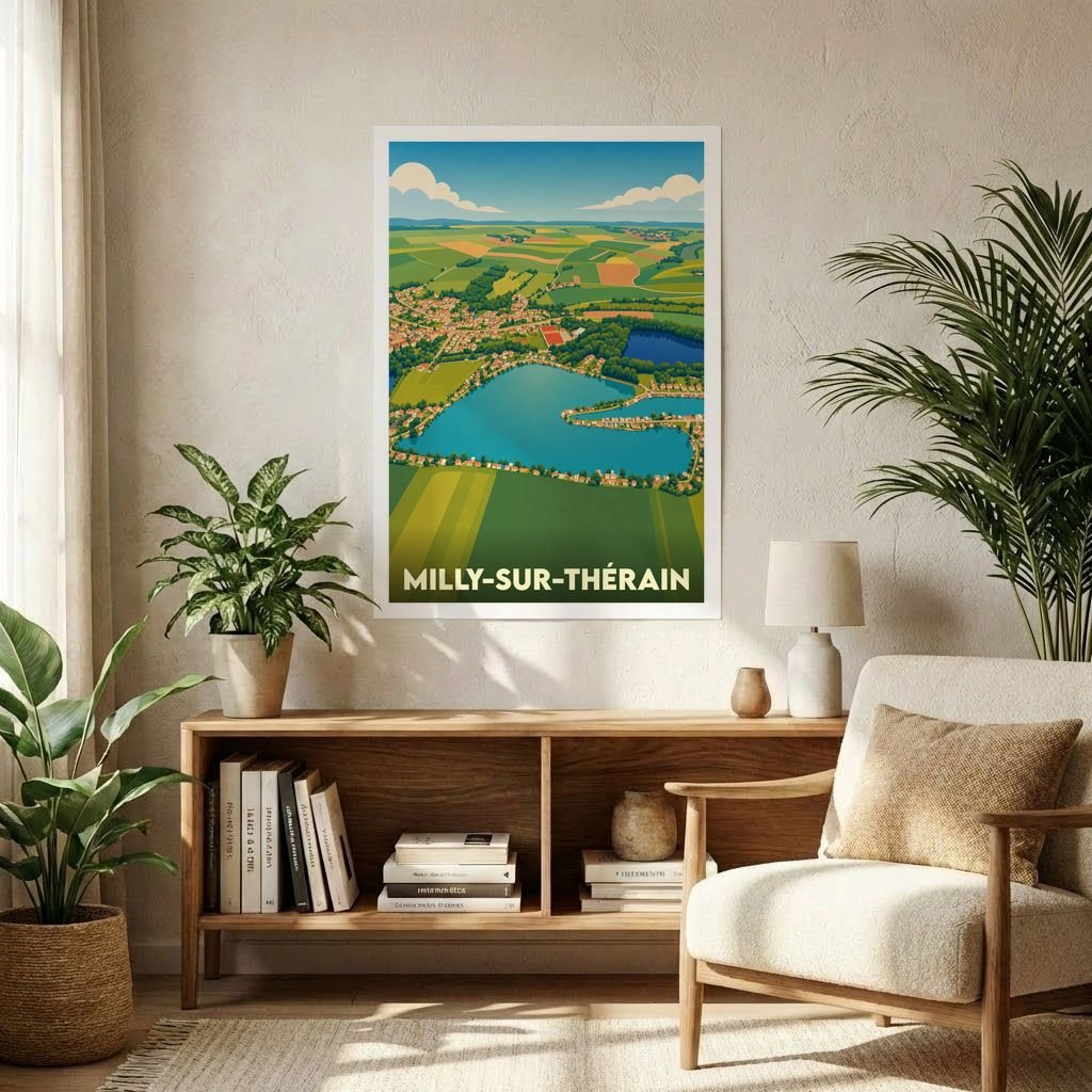 Affiche souvenir de la ville de Milly-sur-Thérain avec une illustration stylisée vue du ciel.