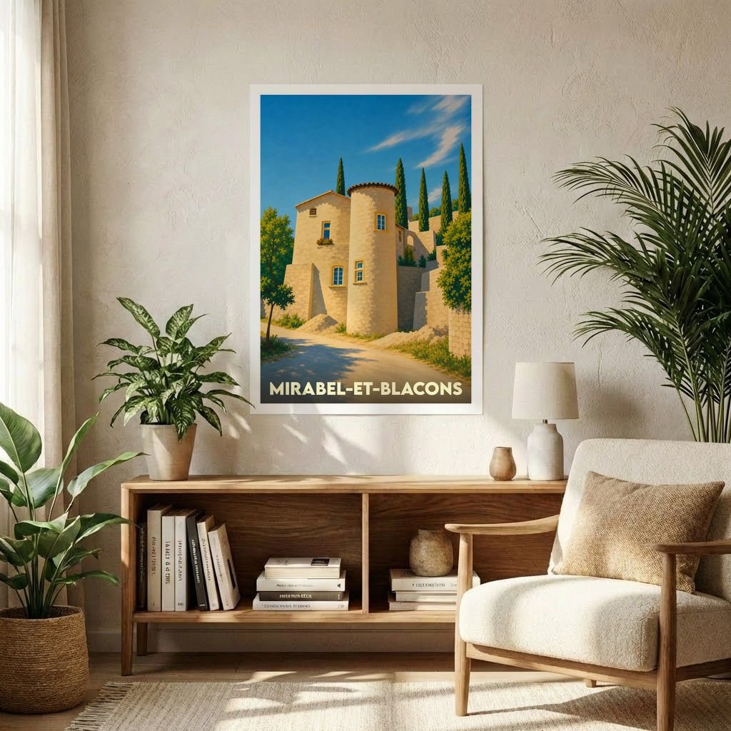 Affiche souvenir de la ville de Mirabel-et-Blacons avec une illustration stylisée d'un village provençal.