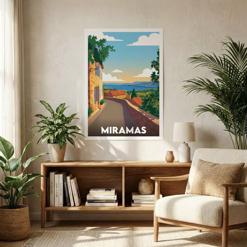 Affiche souvenir de la ville de Miramas avec une illustration stylisée d'un paysage méditerranéen.