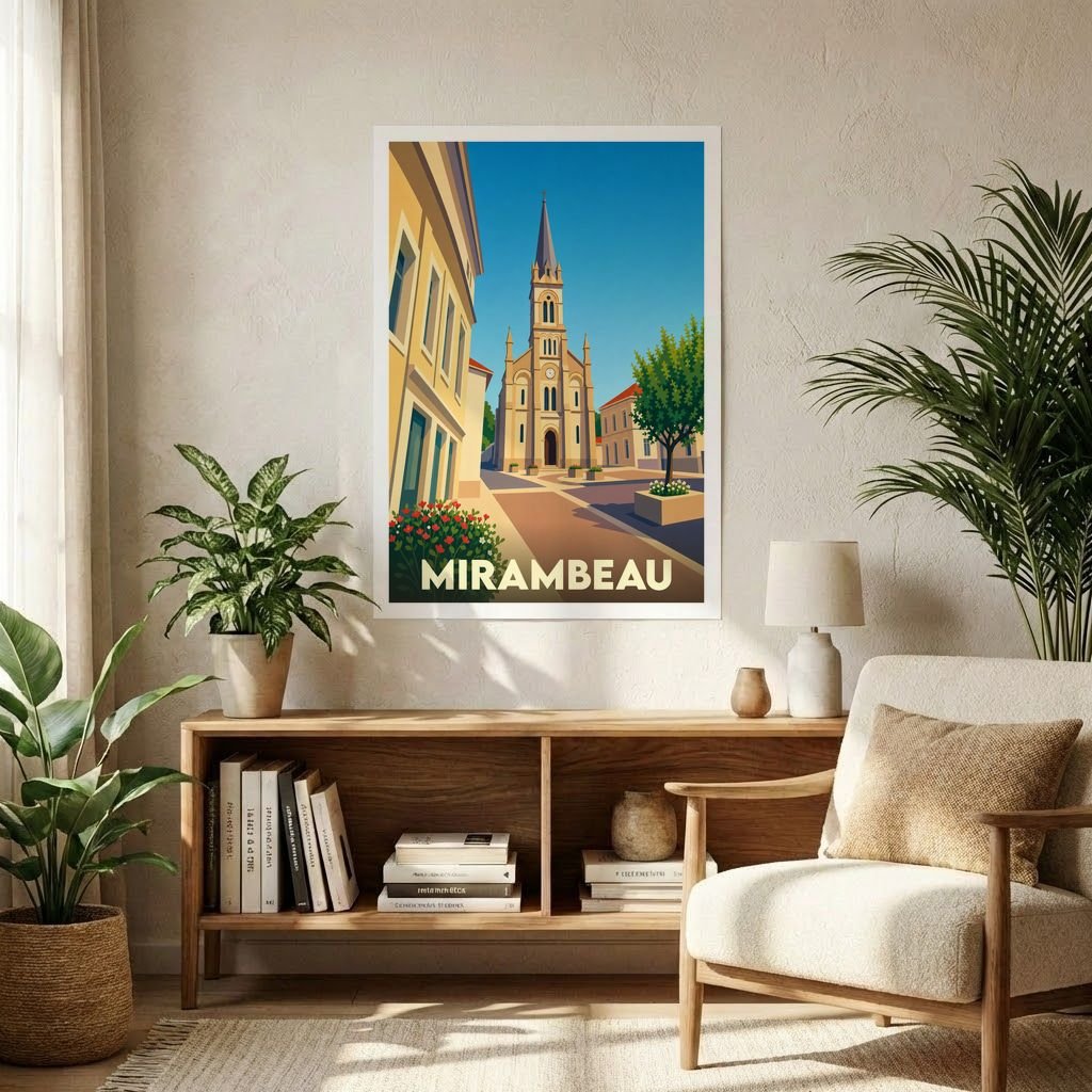 Affiche souvenir de la ville de Mirambeau avec une illustration stylisée de son église et de ses rues.