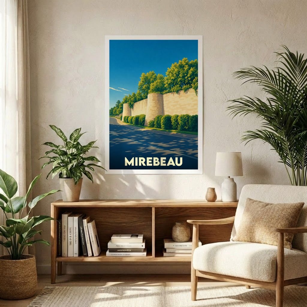 Affiche souvenir de la ville de Mirebeau représentant ses remparts historiques dans un style graphique épuré.