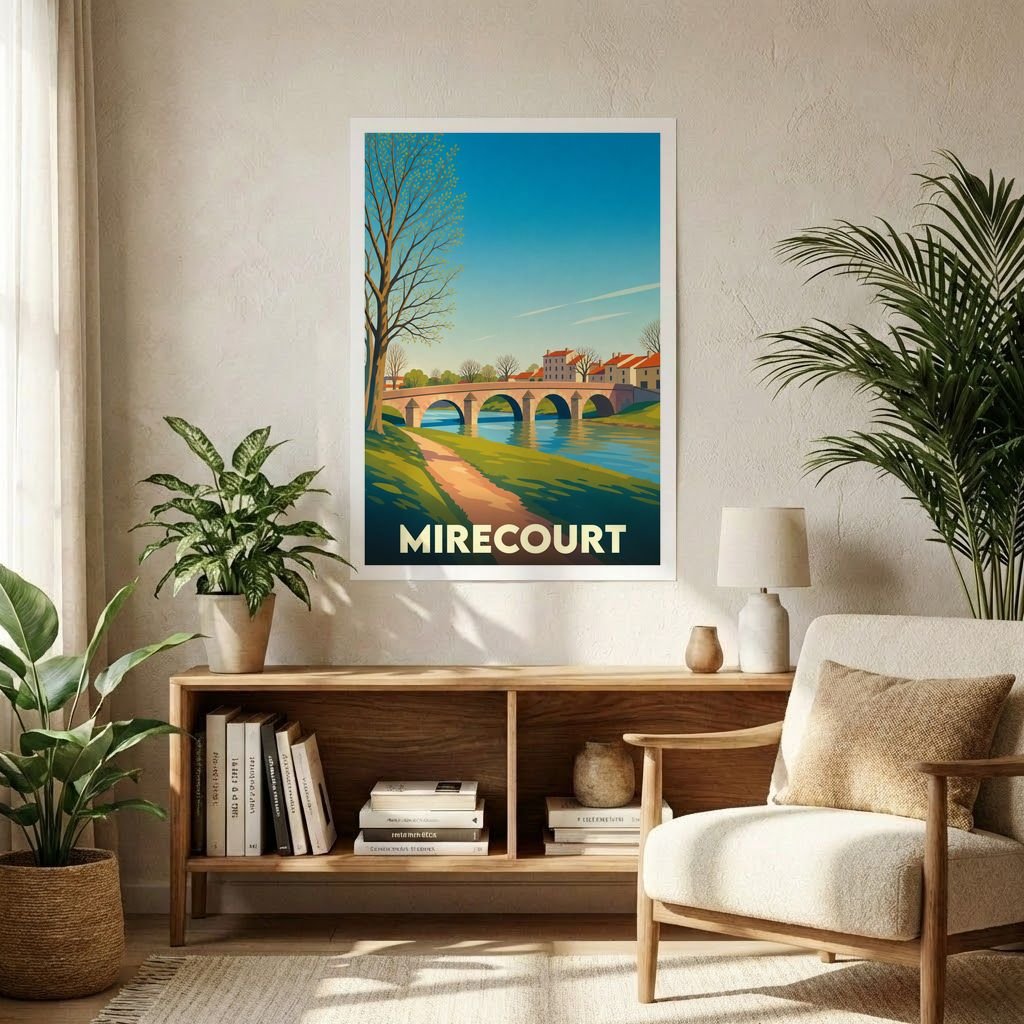 Affiche souvenir de la ville de Mirecourt avec une illustration stylisée représentant un pont sur une rivière.