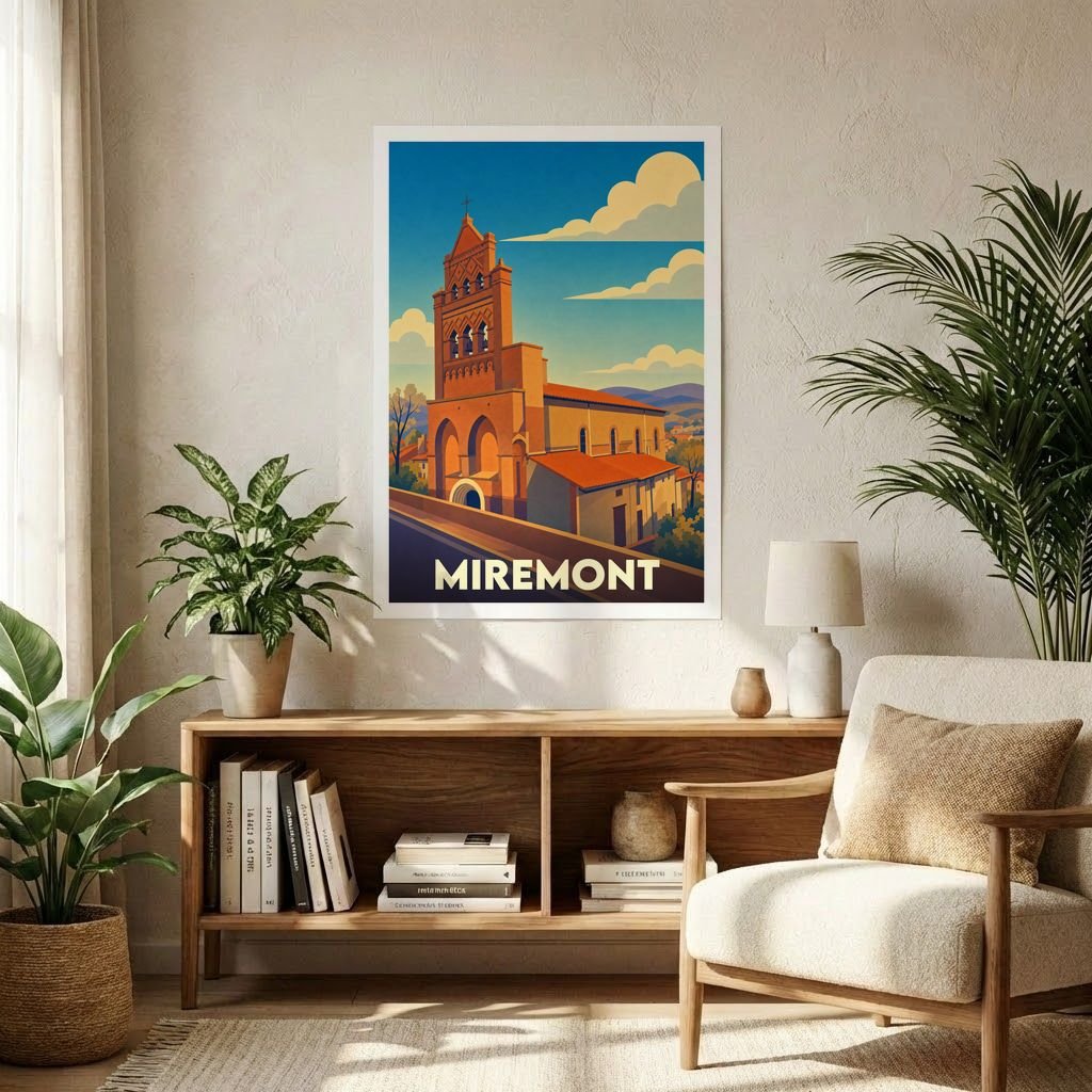 Affiche souvenir de la ville de Miremont présentant une illustration stylisée de son église emblématique.