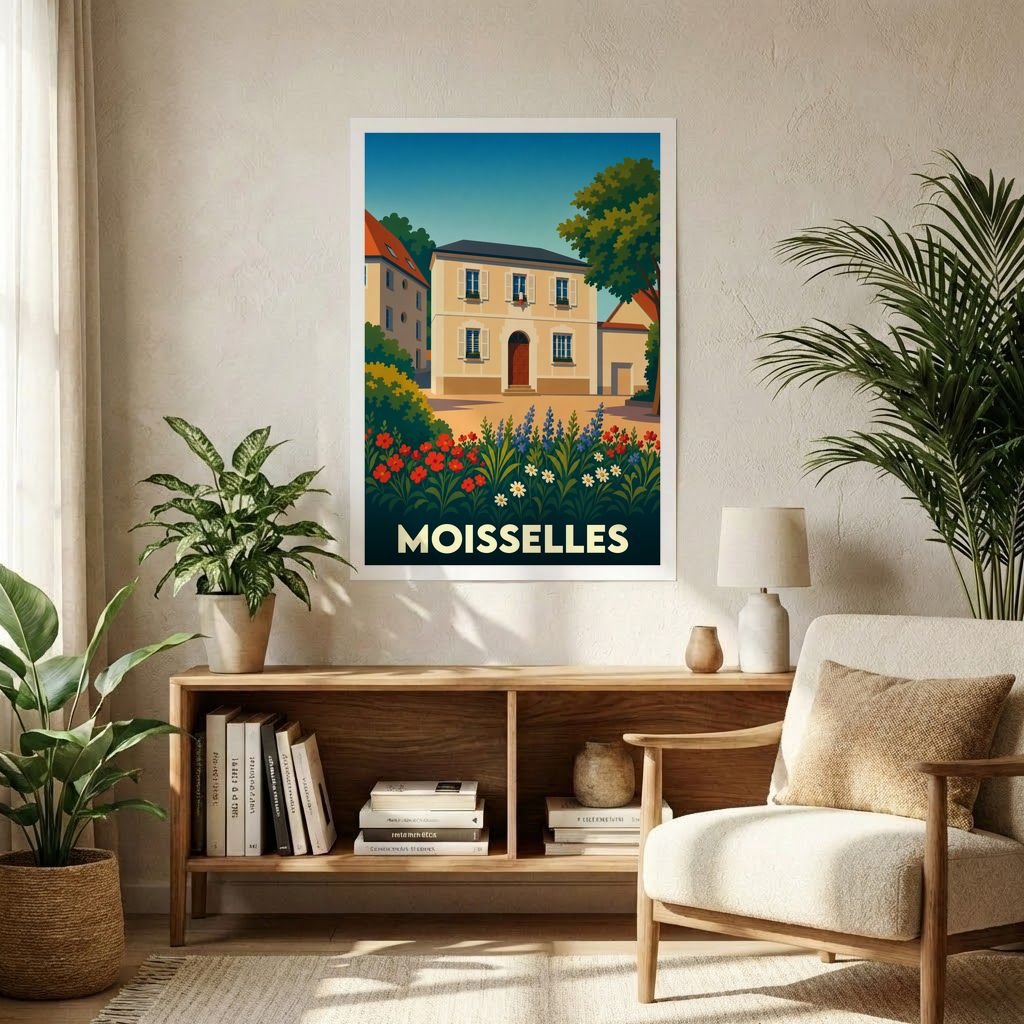 Affiche souvenir de la ville de Moisselles avec une illustration stylisée d'une maison de village fleurie.