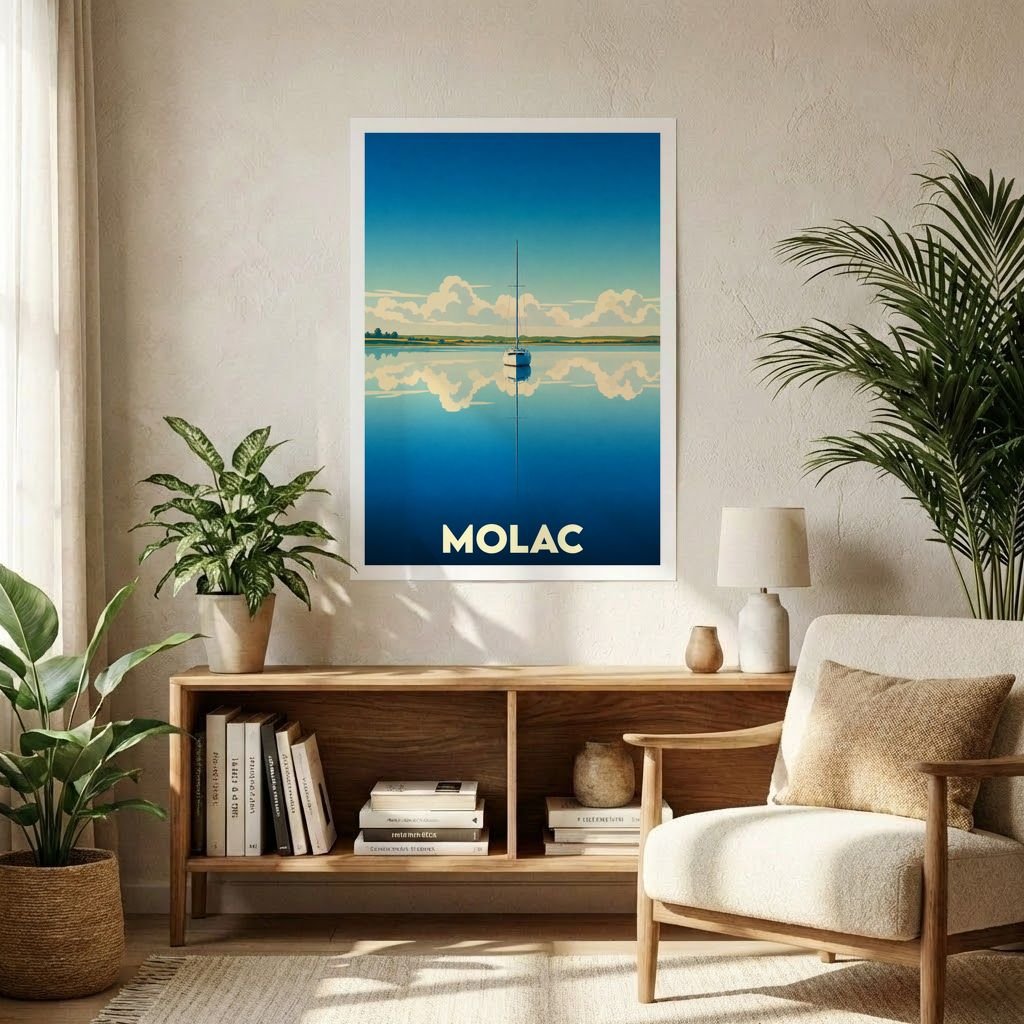 Affiche souvenir de la ville de Molac représentant un voilier sur une eau calme avec une illustration stylisée.