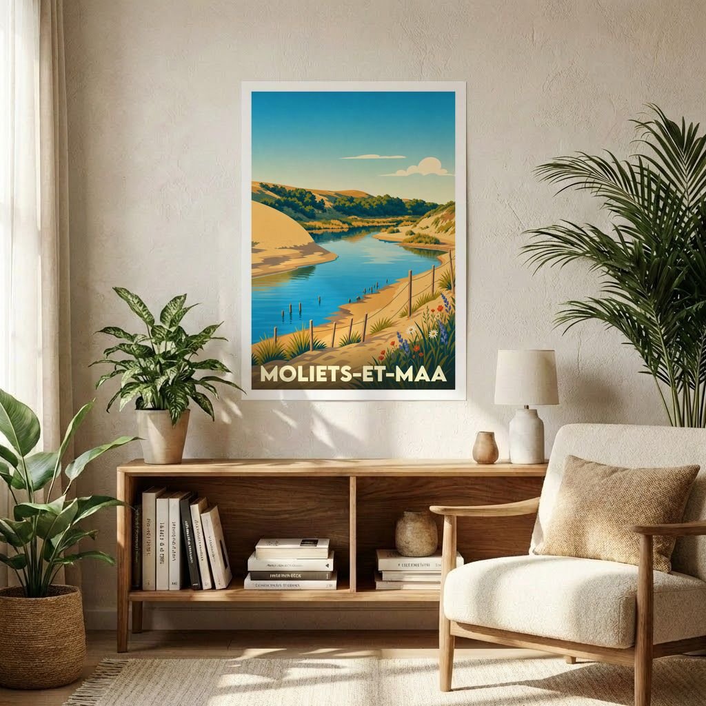Affiche souvenir de la ville de Moliets-et-Maa avec une illustration stylisée d'un paysage côtier landais.