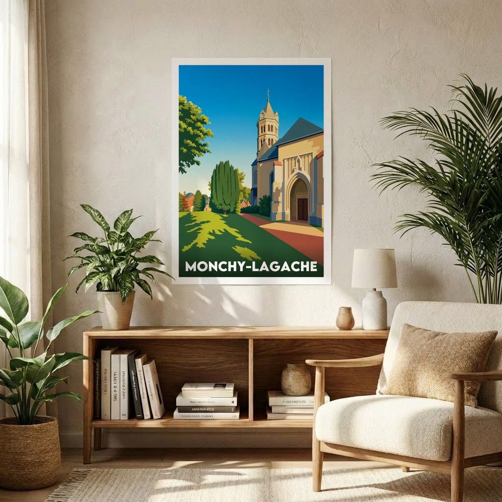 Affiche souvenir de la ville de Monchy-Lagache avec une illustration stylisée d'une église sous un ciel bleu.