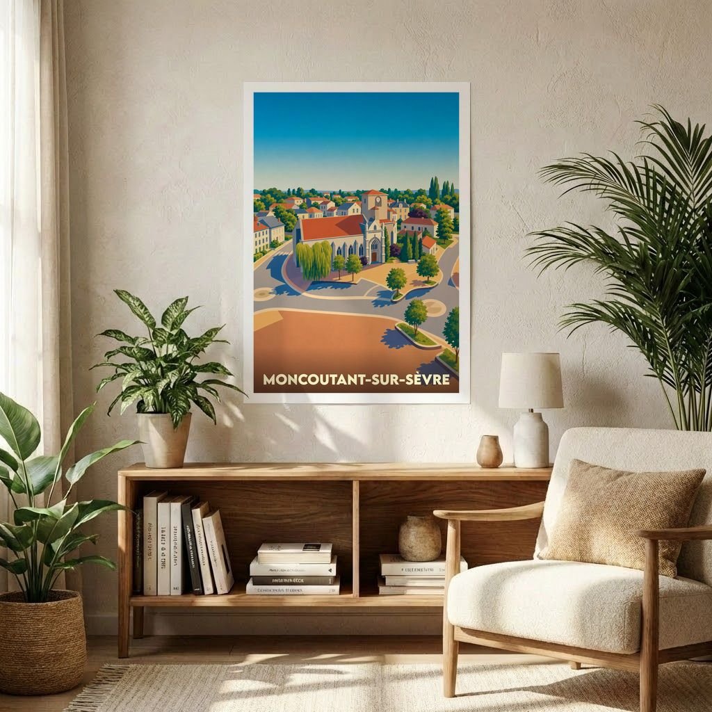 Affiche souvenir de la ville de Moncoutant-sur-Sèvre avec une illustration stylisée d'un paysage urbain.