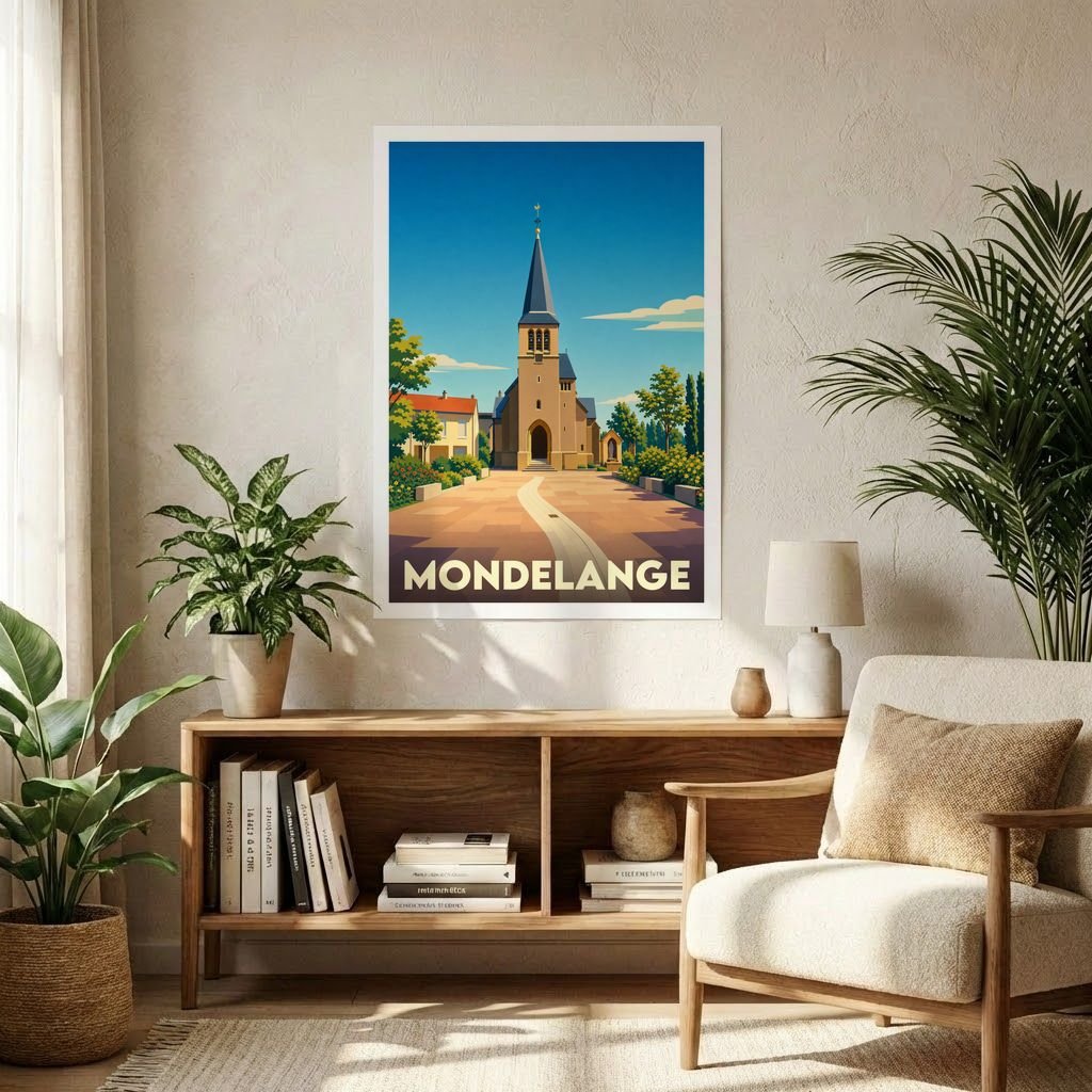 Affiche souvenir de la ville de Mondelange avec une illustration stylisée d'une église sous un ciel bleu.