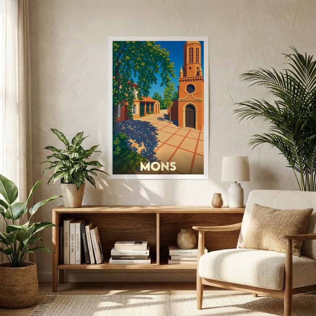 Affiche souvenir de la ville de Mons présentant une illustration stylisée d'une place ensoleillée et de son architecture.
