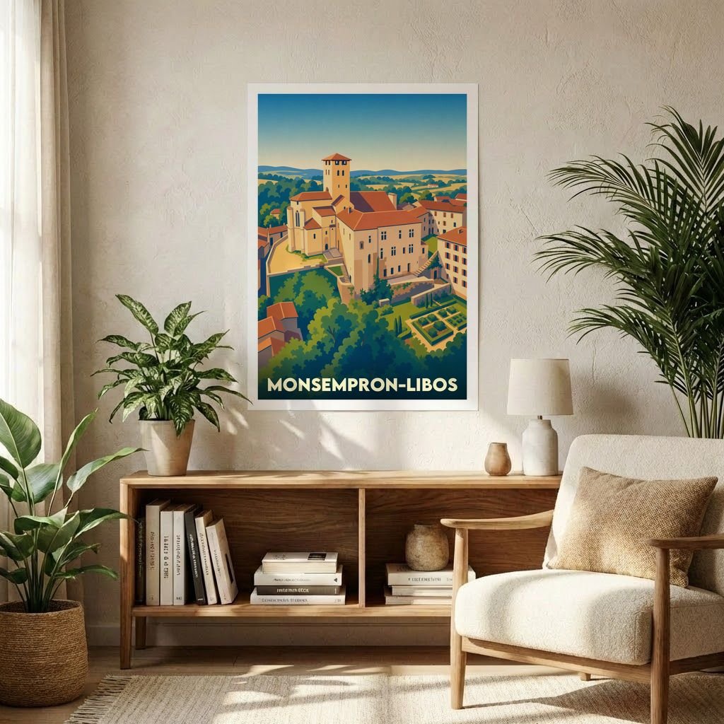 Affiche souvenir de la ville de Monsempron-Libos avec une illustration stylisée de son patrimoine architectural.