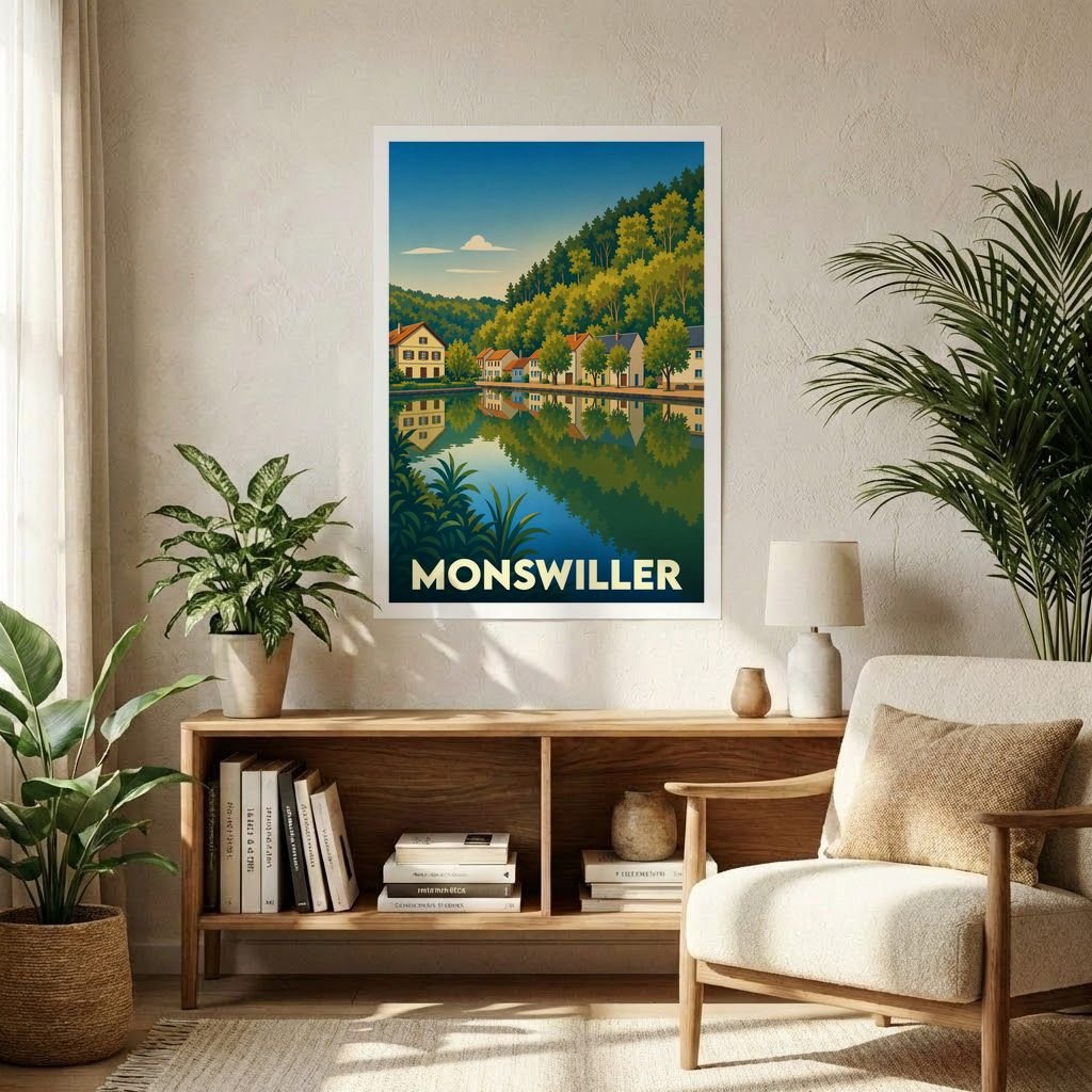 Affiche souvenir de la ville de Monswiller présentant une illustration stylisée d'un paysage fluvial bordé de maisons et de forêts.