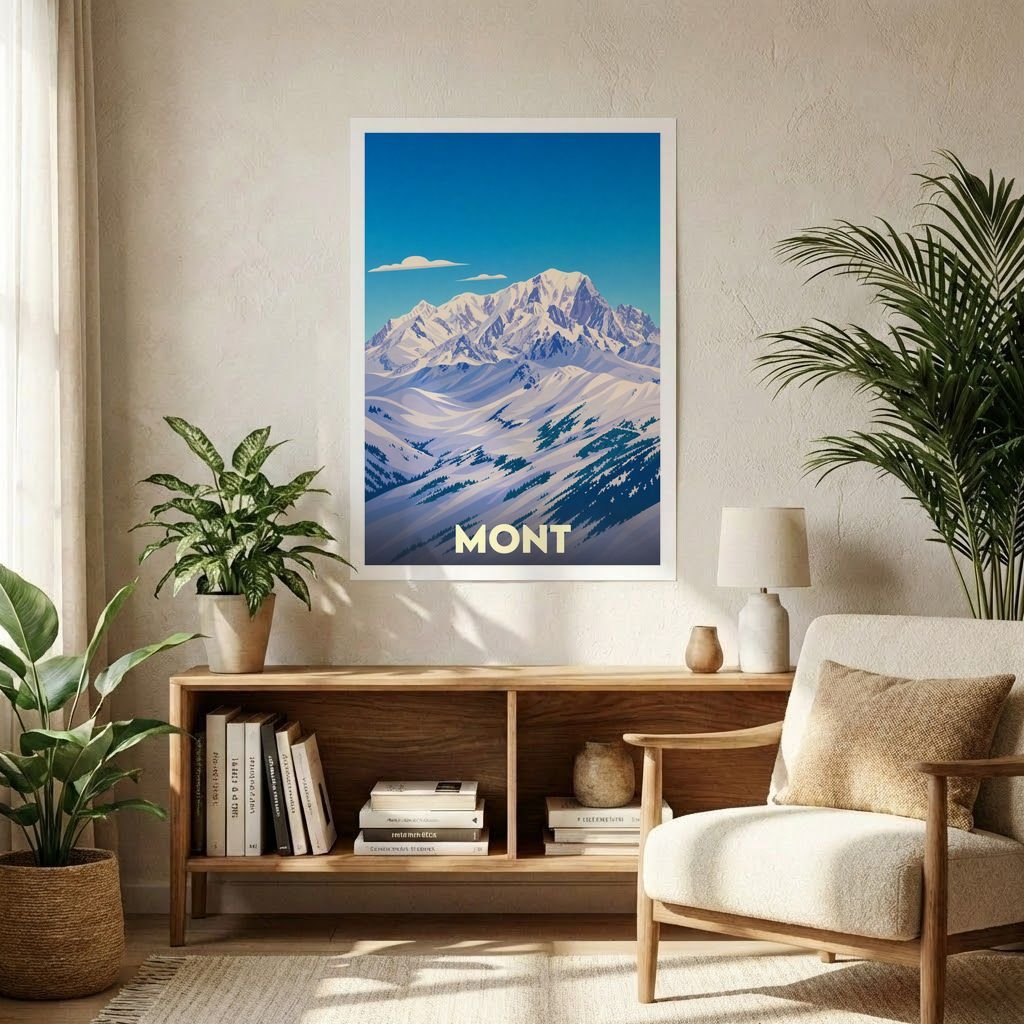 Affiche souvenir de la ville de Mont avec une illustration stylisée de montagnes enneigées.