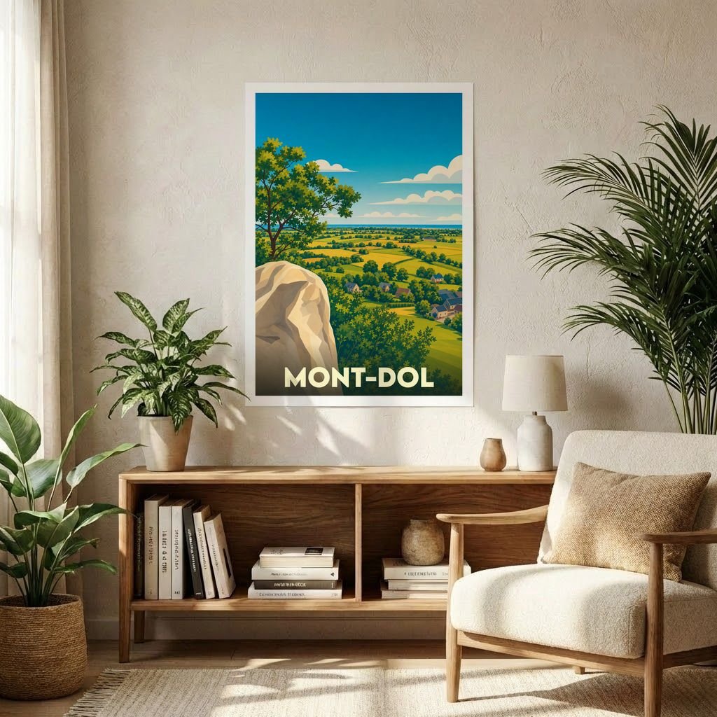 Affiche souvenir de la ville de Mont-Dol présentant une illustration stylisée d'un paysage panoramique.