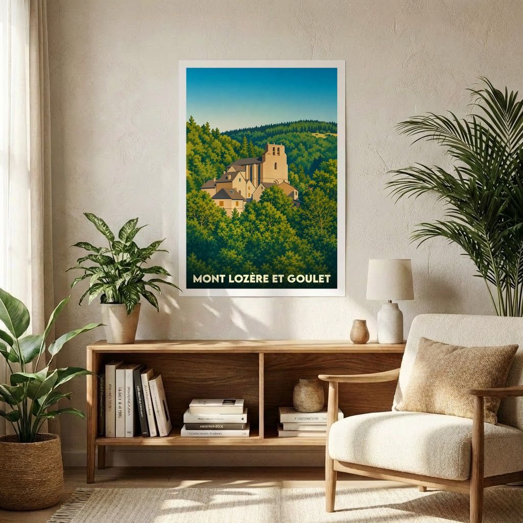 Affiche souvenir de la ville de Mont Lozère et Goulet avec une illustration stylisée de son patrimoine niché dans la forêt.