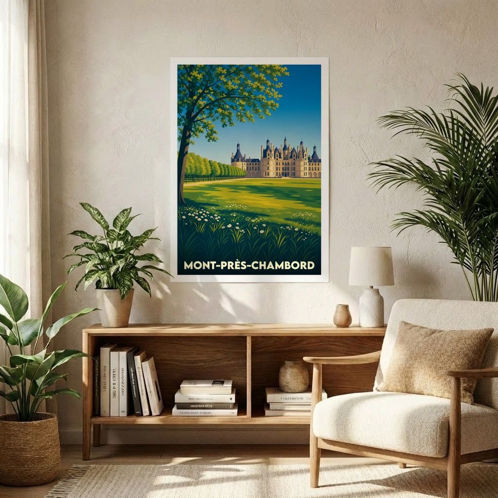 Affiche souvenir de la ville de Mont-près-Chambord avec une illustration stylisée du château et de ses jardins.
