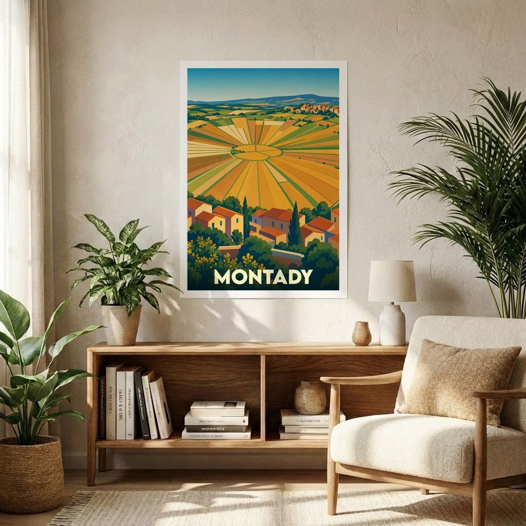 Affiche souvenir de la ville de Montady avec une illustration stylisée de ses célèbres champs circulaires.