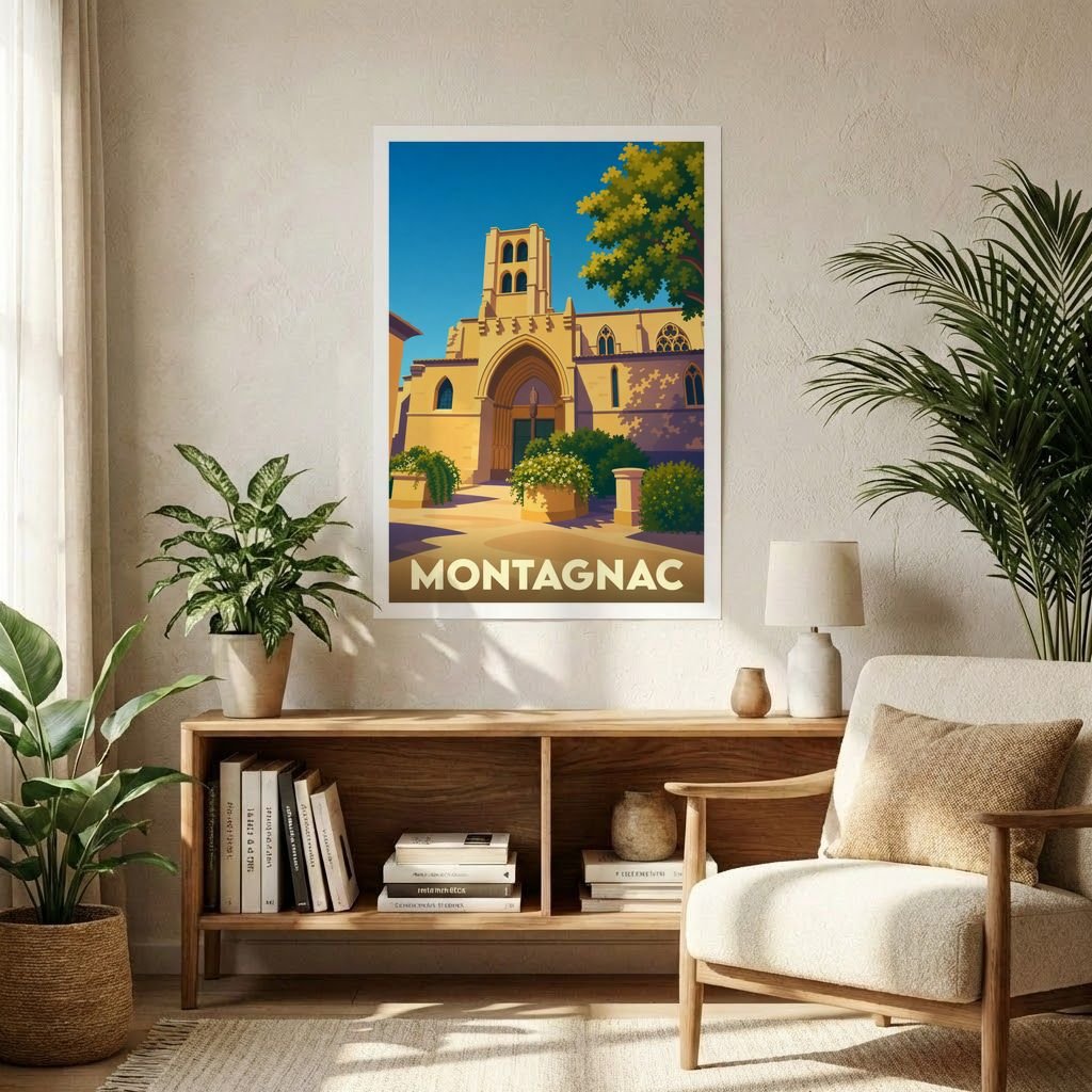 Affiche souvenir de la ville de Montagnac présentant une illustration stylisée d'une église sous un ciel bleu.