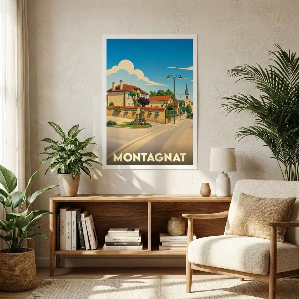 Affiche souvenir de la ville de Montagnat avec une illustration stylisée.