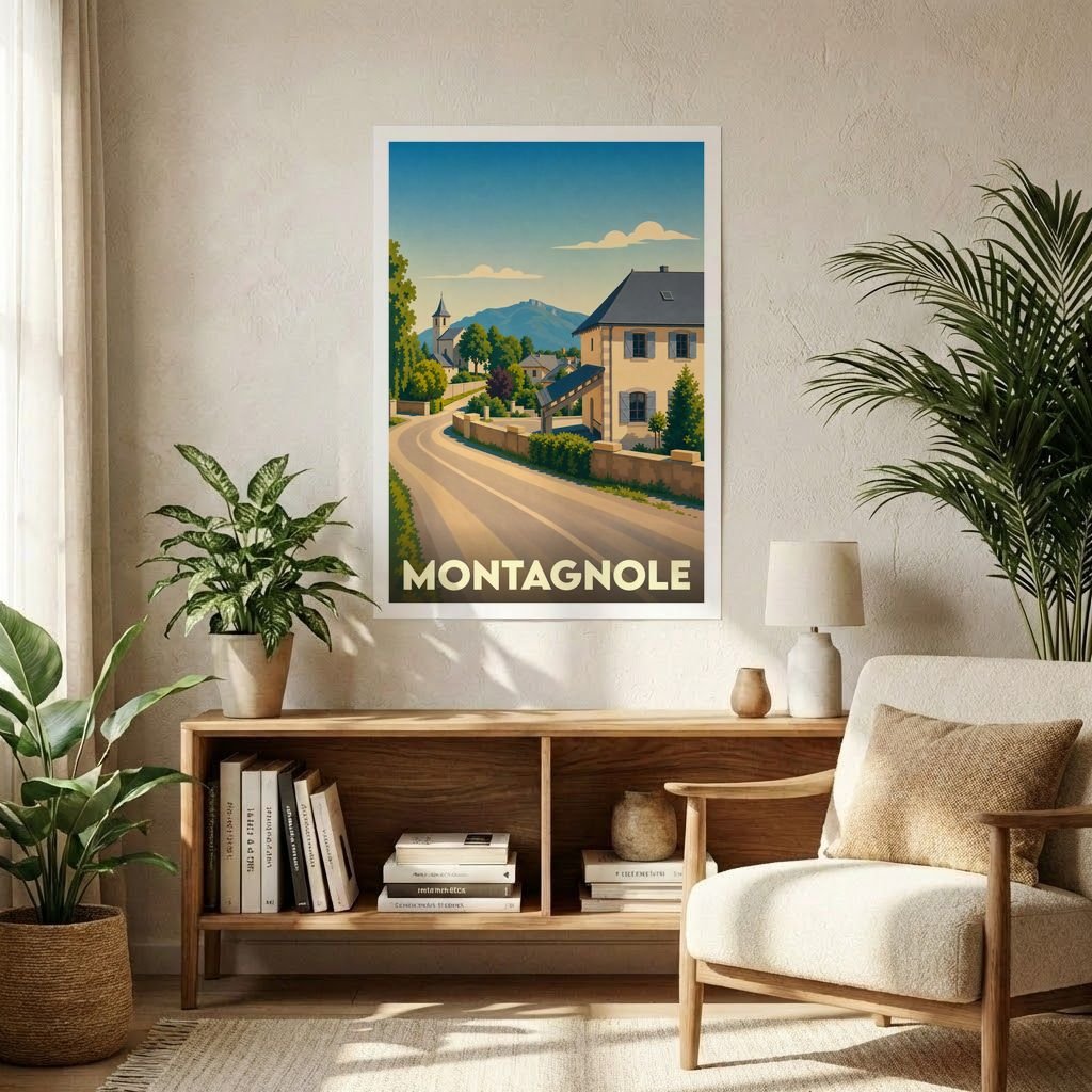 Affiche souvenir de la ville de Montagnole représentant une illustration stylisée de ses paysages et de son architecture.