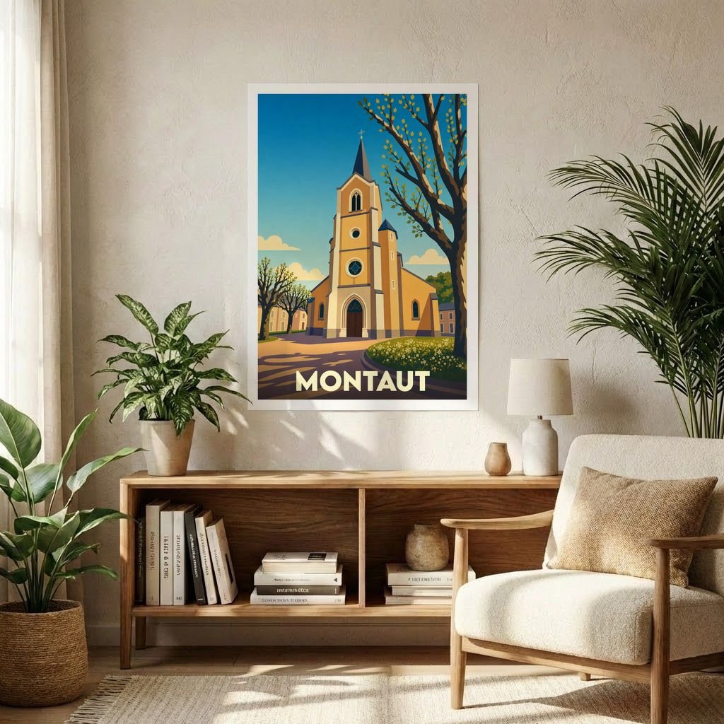 Affiche souvenir de la ville de Montaut avec une illustration stylisée d'une église sous un ciel bleu.