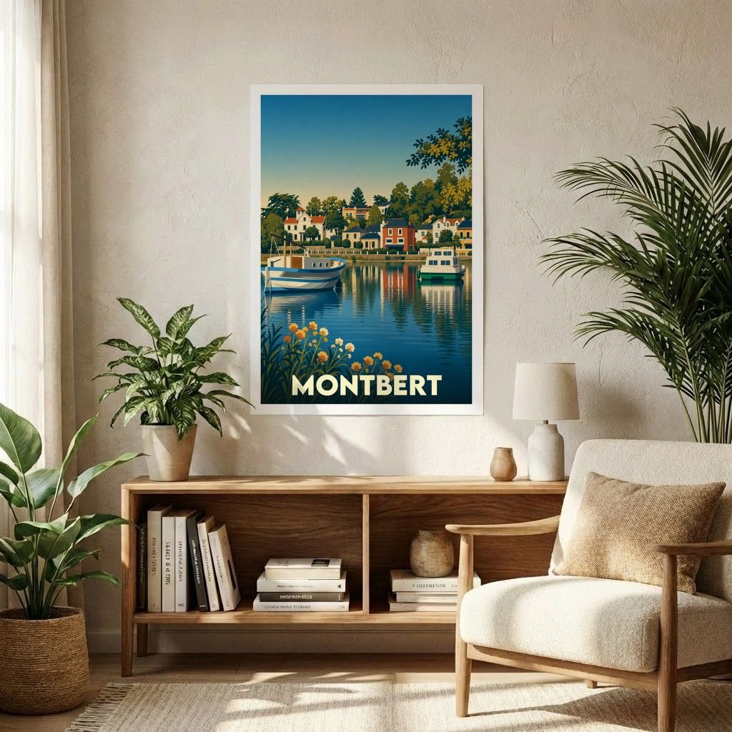 Affiche souvenir de la ville de Montbert représentant une illustration stylisée de son paysage fluvial.