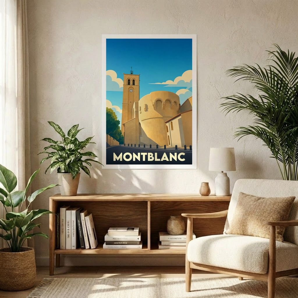 Affiche souvenir de la ville de Montblanc représentant son église et ses remparts dans un style vintage.