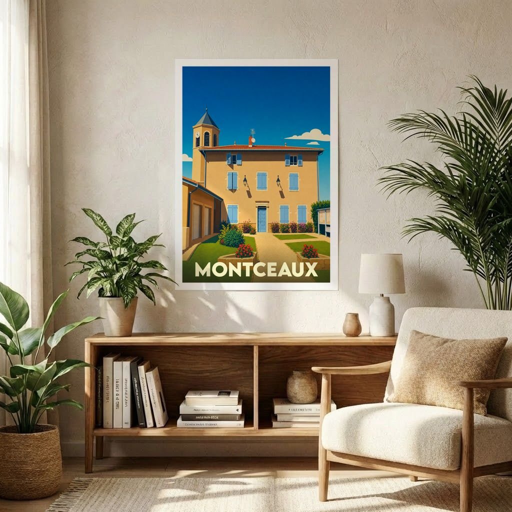 Affiche souvenir de la ville de Montceaux représentant une illustration stylisée de son architecture locale.