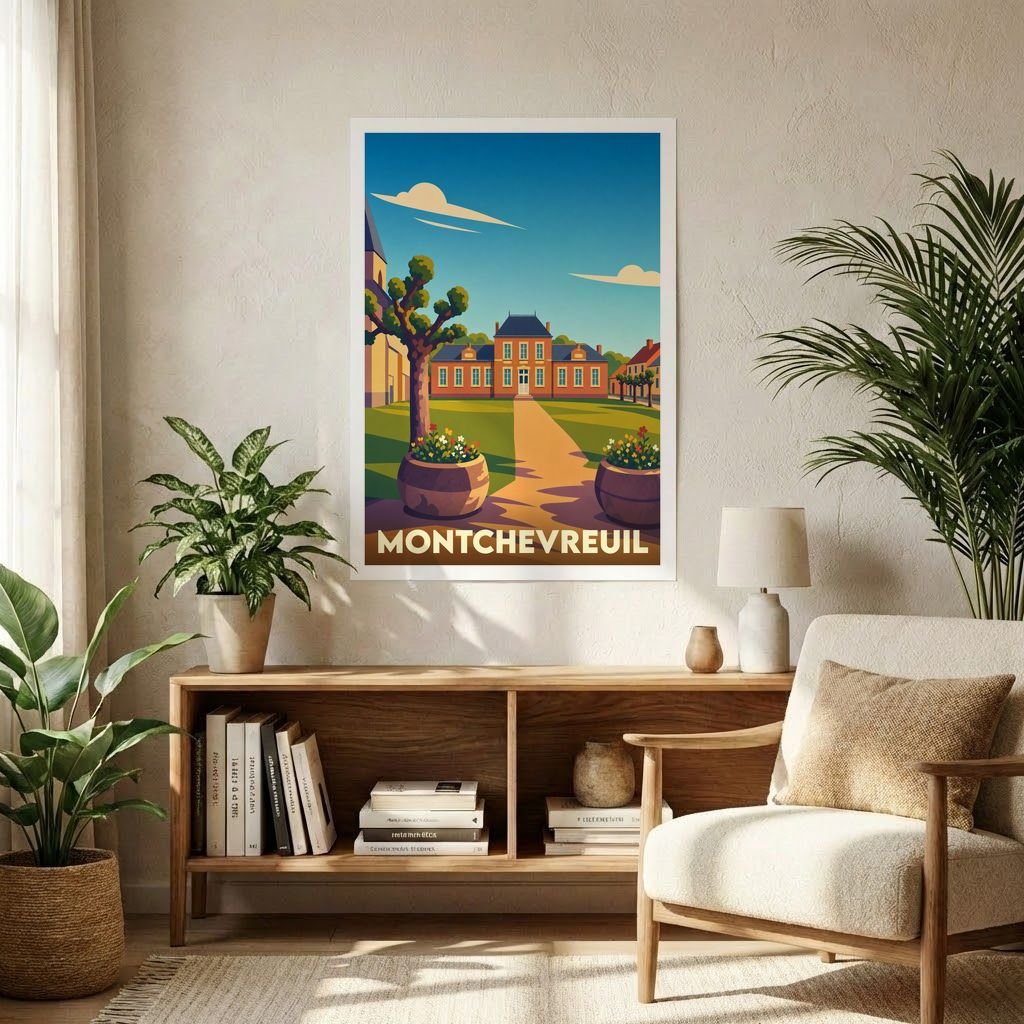 Affiche souvenir de la ville de Montchevreuil avec une illustration stylisée d'un château et de ses jardins.