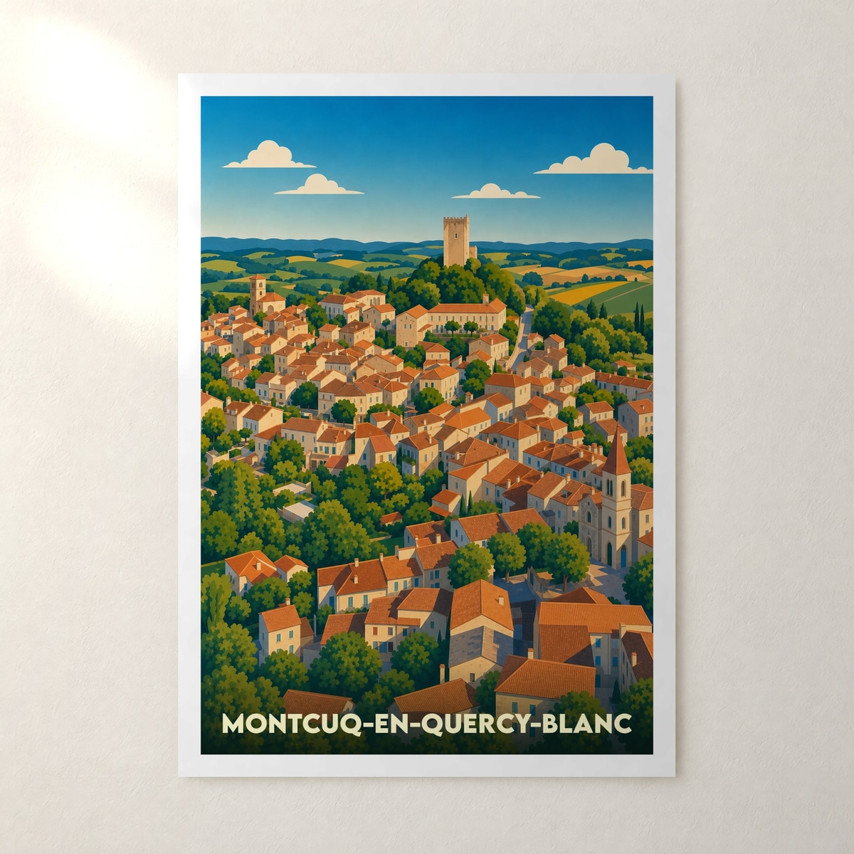 Affiche Montcuq-en-Quercy-Blanc – sans cadre, accrochée au mur