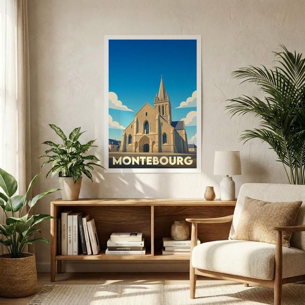 Affiche souvenir de la ville de Montebourg représentant son église dans un style graphique épuré.