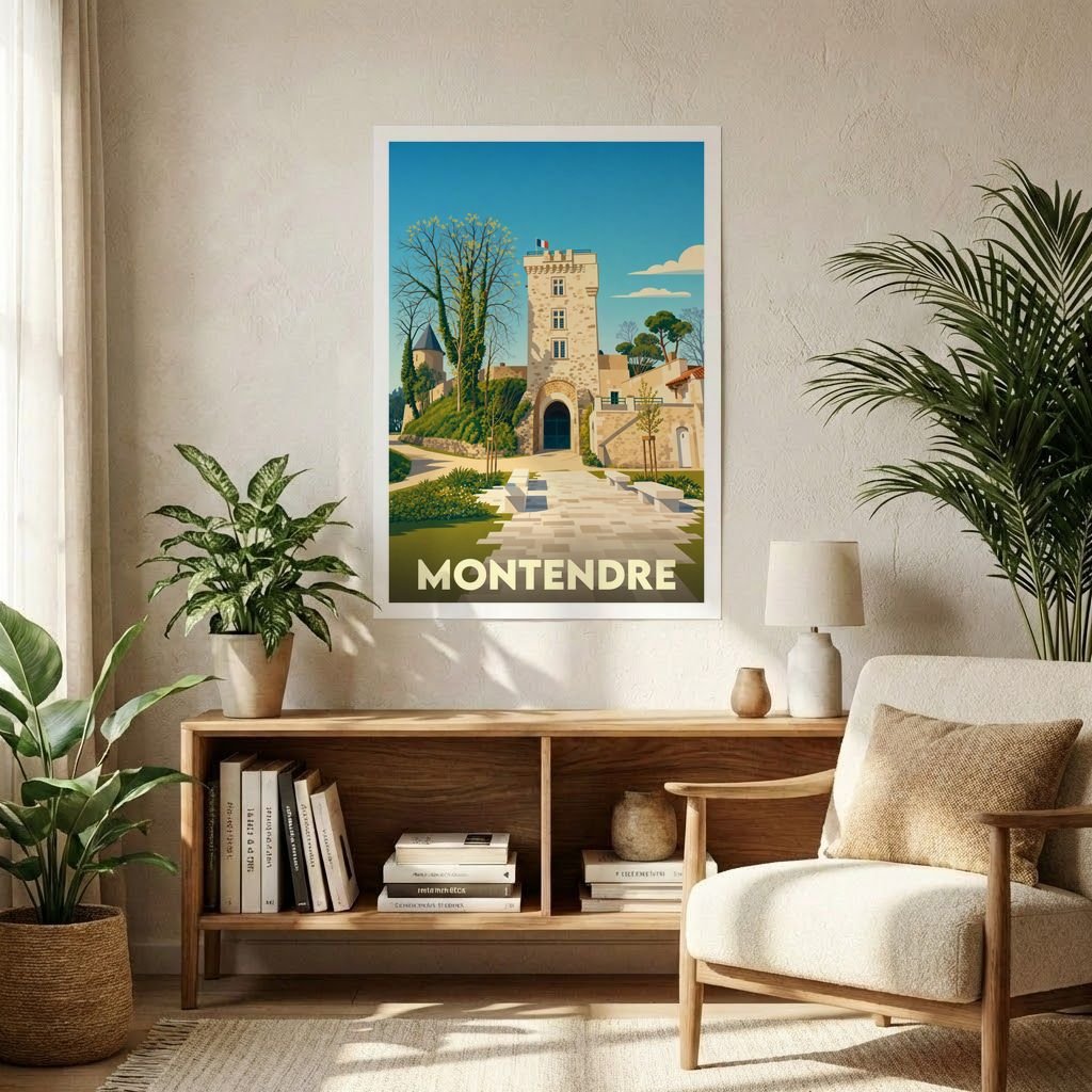 Affiche souvenir de la ville de Montendre avec une illustration stylisée de son château.