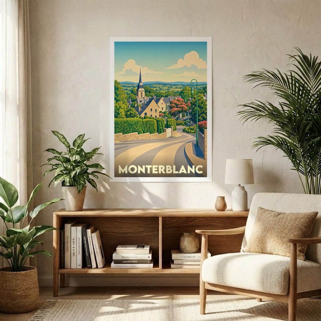 Affiche souvenir de la ville de Monterblanc avec une illustration stylisée.