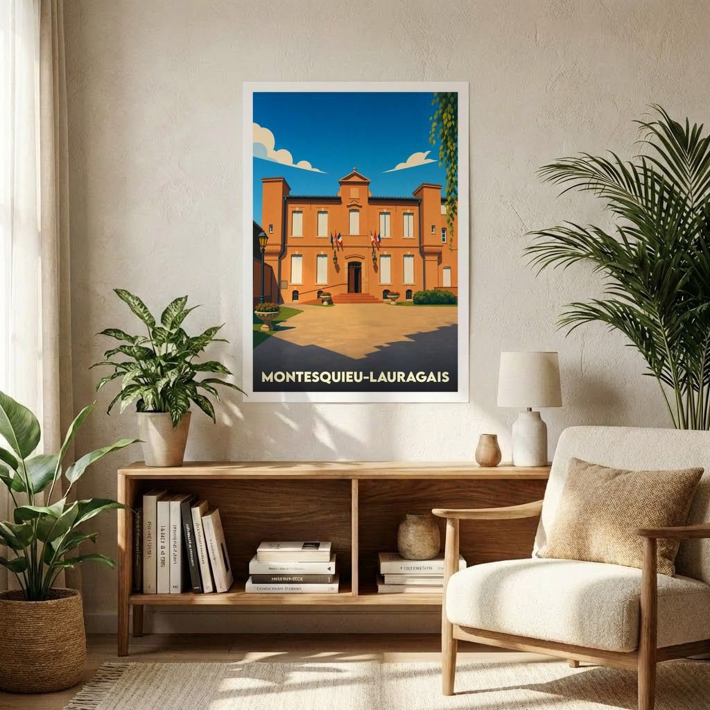 Affiche souvenir de la ville de Montesquieu-Lauragais avec une illustration stylisée de son hôtel de ville.