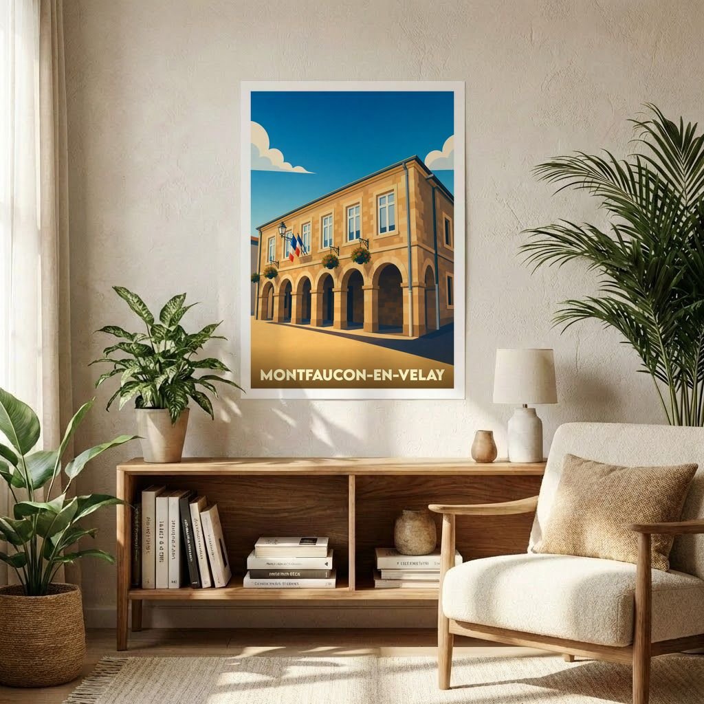 Affiche souvenir de la ville de Montfaucon-en-Velay avec une illustration stylisée de sa mairie à arcades.