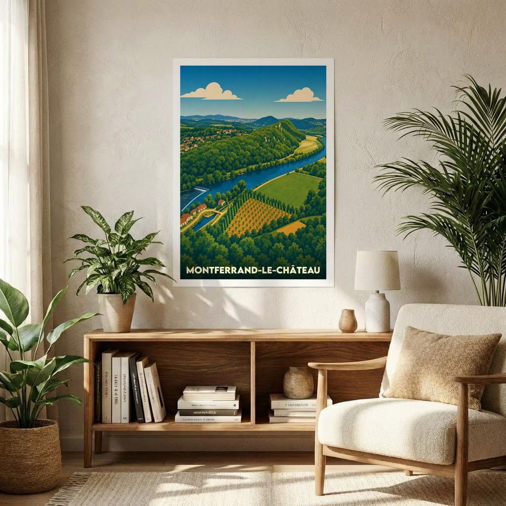 Affiche souvenir de la ville de Montferrand-le-Château avec une illustration stylisée d'un paysage verdoyant traversé par une rivière.