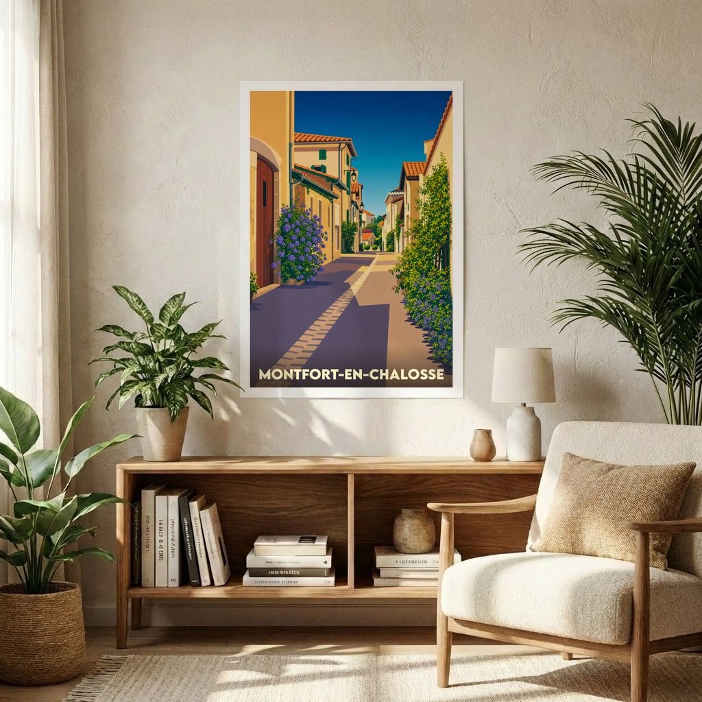 Affiche souvenir de la ville de Montfort-en-Chalosse avec une illustration stylisée d'une ruelle ensoleillée.