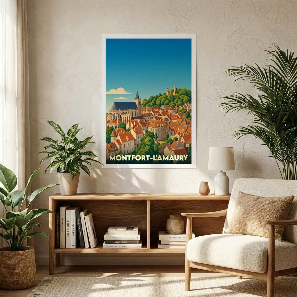 Affiche souvenir de la ville de Montfort-l'Amaury avec une illustration stylisée et colorée du village.