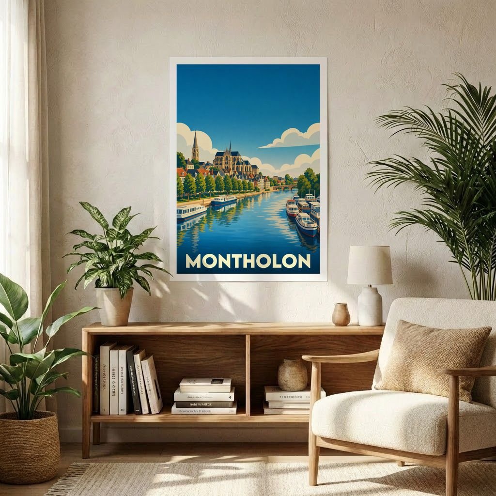 Affiche souvenir de la ville de Montholon avec une illustration stylisée d'un paysage fluvial urbain.