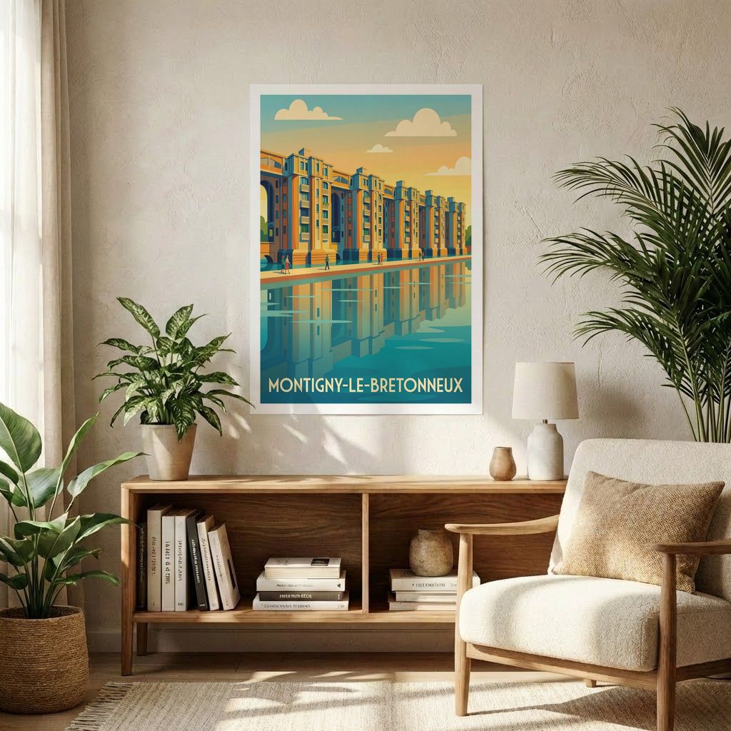 Affiche souvenir de la ville de Montigny-le-Bretonneux avec une illustration stylisée des Arcades du Lac.