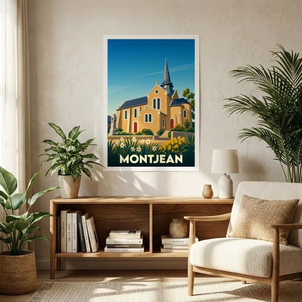 Affiche souvenir de la ville de Montjean avec une illustration stylisée d'une église sous un ciel bleu.