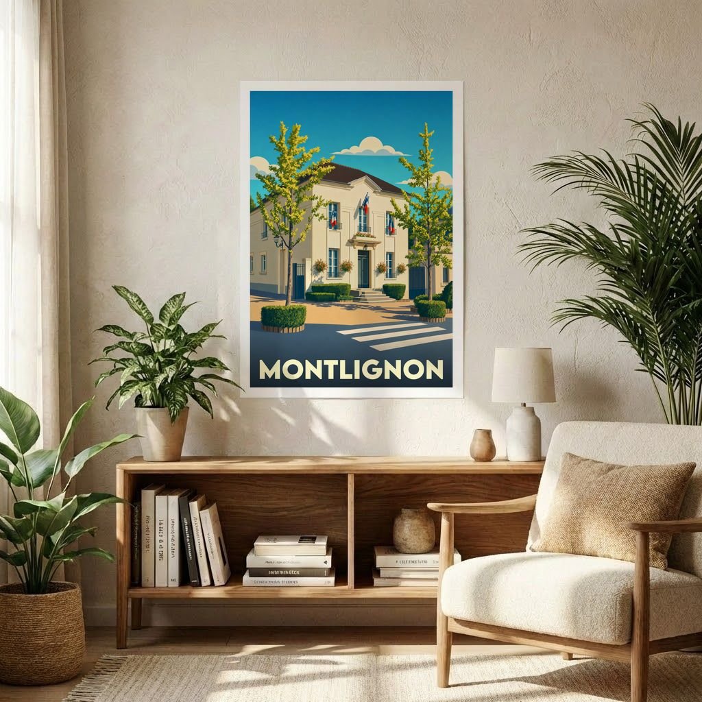 Affiche souvenir de la ville de Montlignon avec une illustration stylisée.