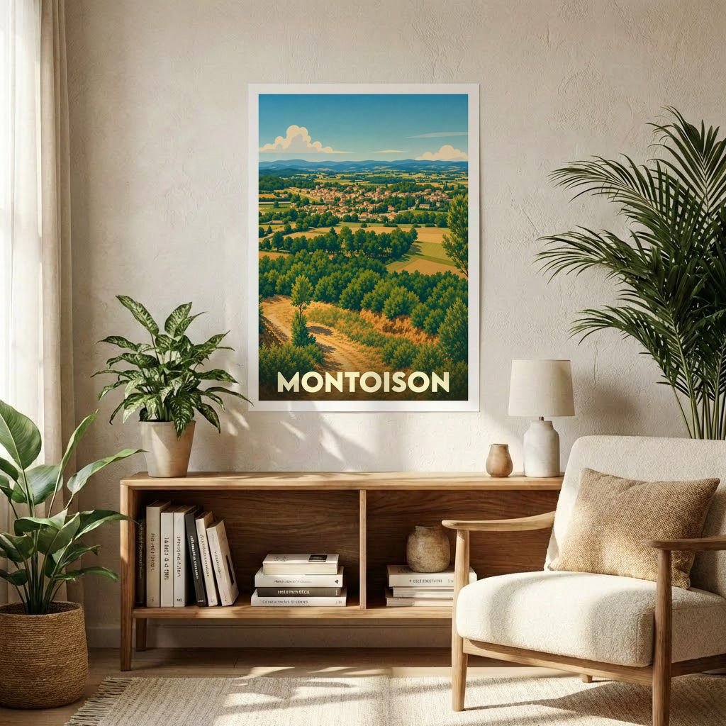 Affiche souvenir de la ville de Montoison avec une illustration stylisée de son paysage vallonné.