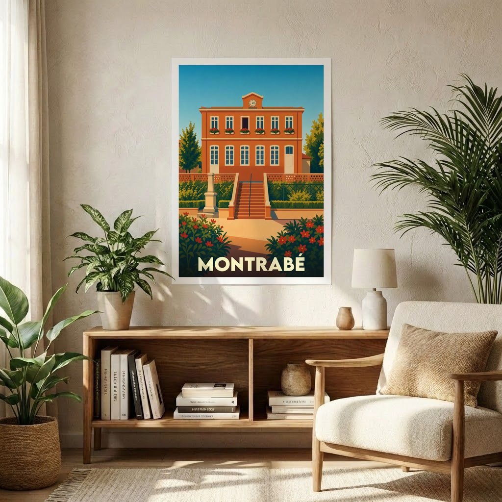 Affiche souvenir de la ville de Montrabé avec une illustration stylisée d'un bâtiment emblématique et de ses jardins.
